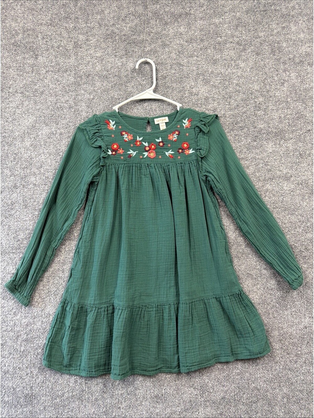 Cat And Jack 10/12 Christmas Green Flowers Embroidery Girls Dress